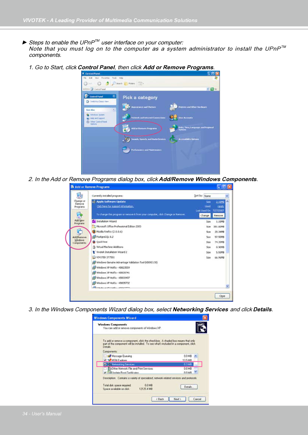 Vivotek IP7130 manual Steps to enable the UPnPTM user interface on your computer 