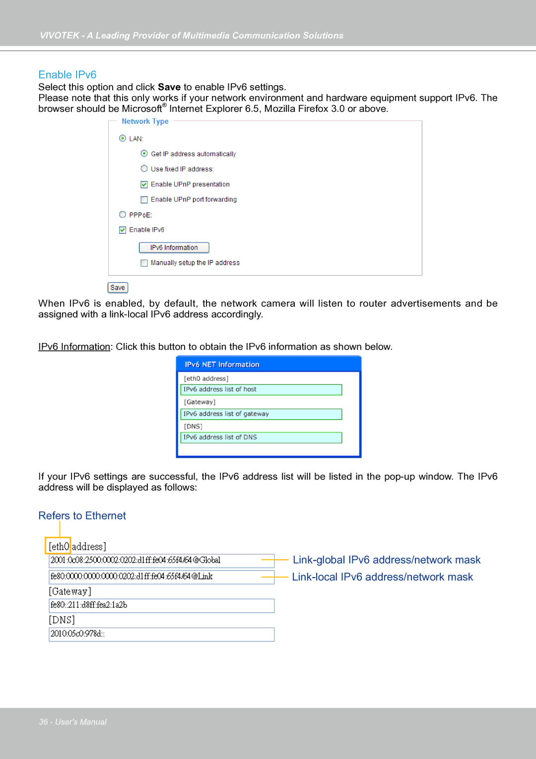 Vivotek IP7130 manual Enable IPv6 