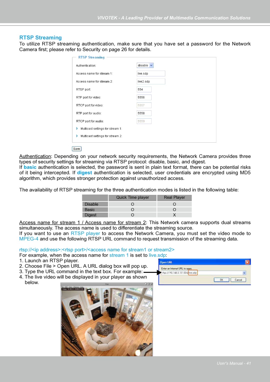 Vivotek IP7130 manual Rtsp Streaming 