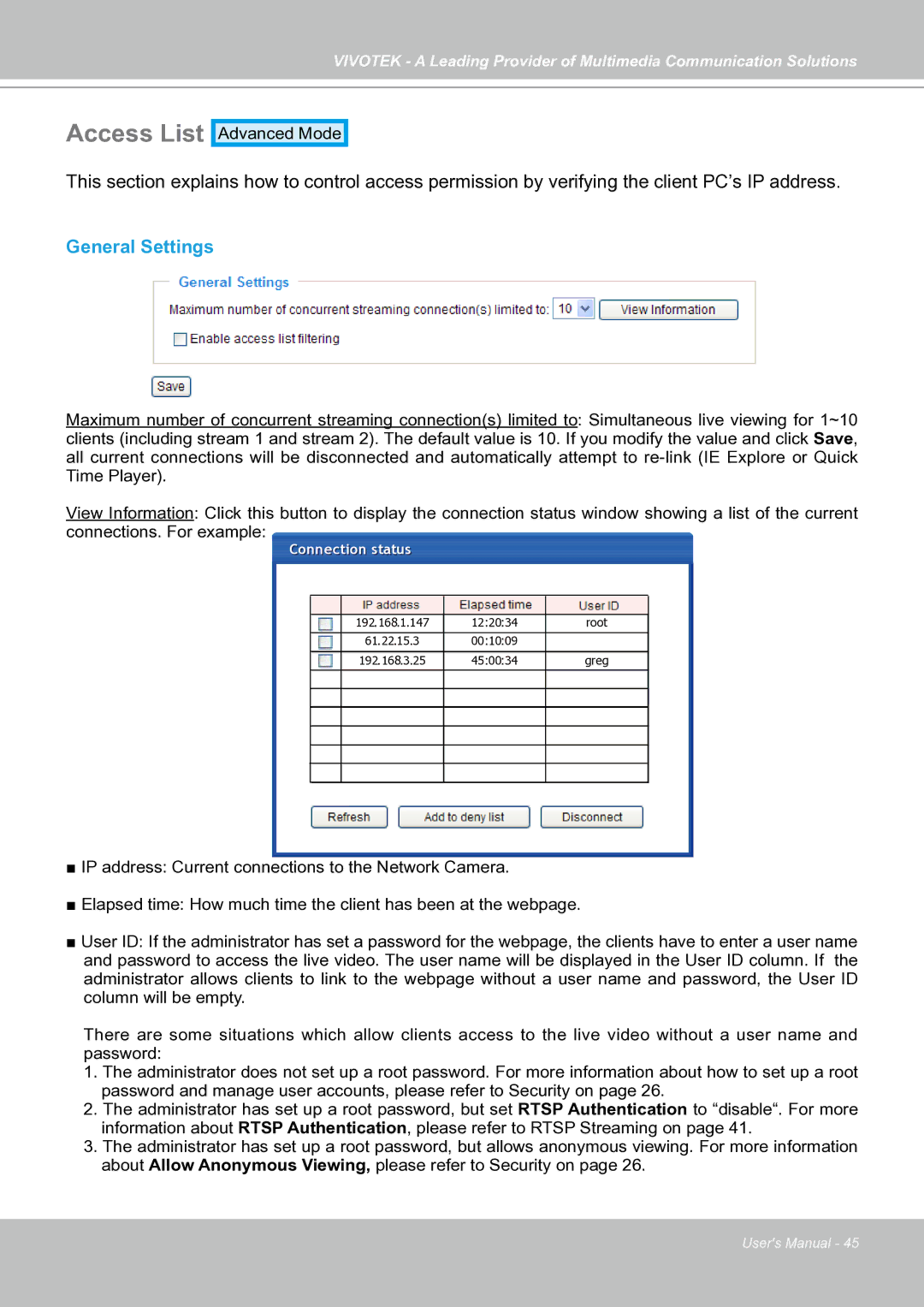 Vivotek IP7130 manual Access List, General Settings 