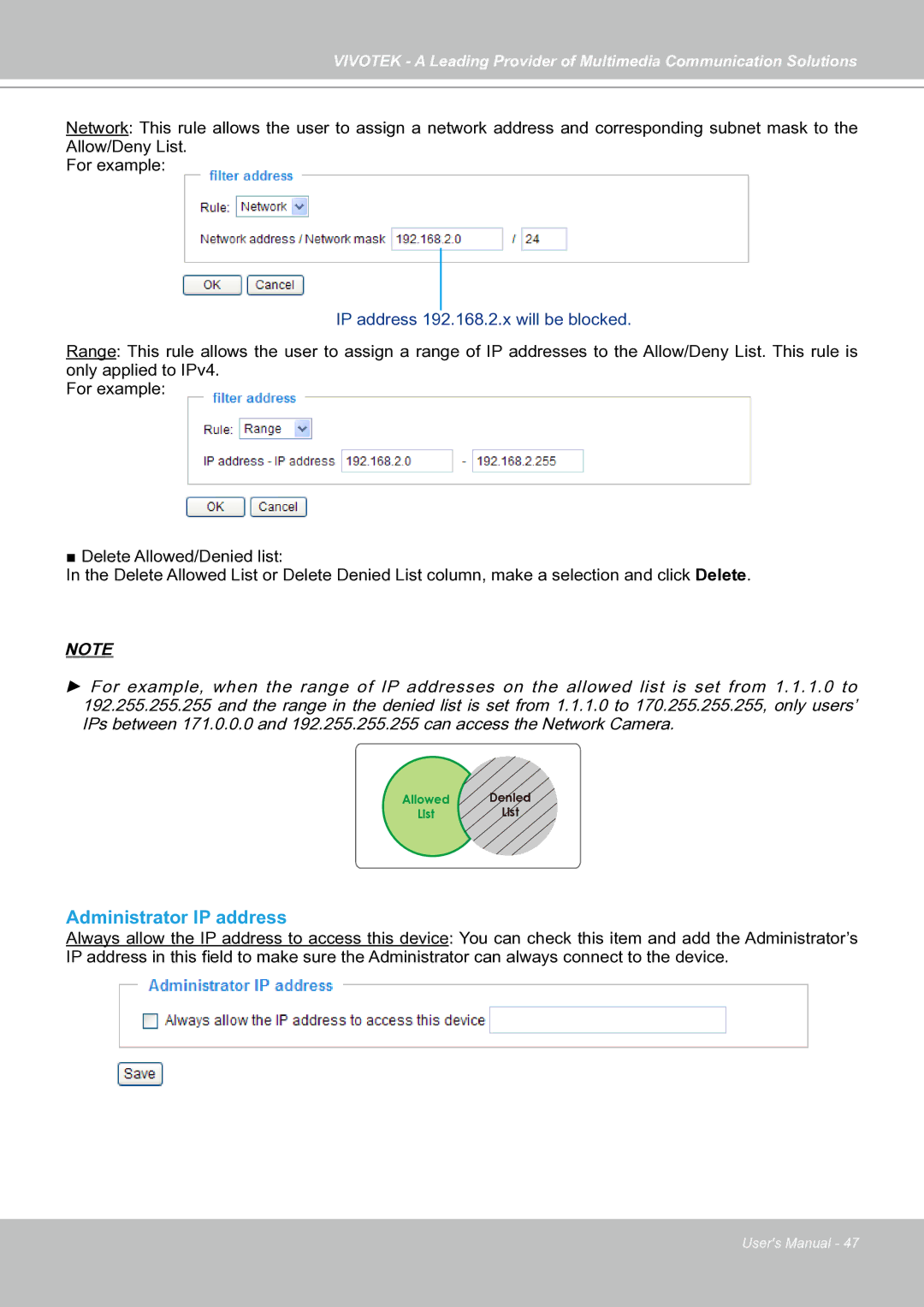 Vivotek IP7130 manual Administrator IP address, IP address 192.168.2.x will be blocked 