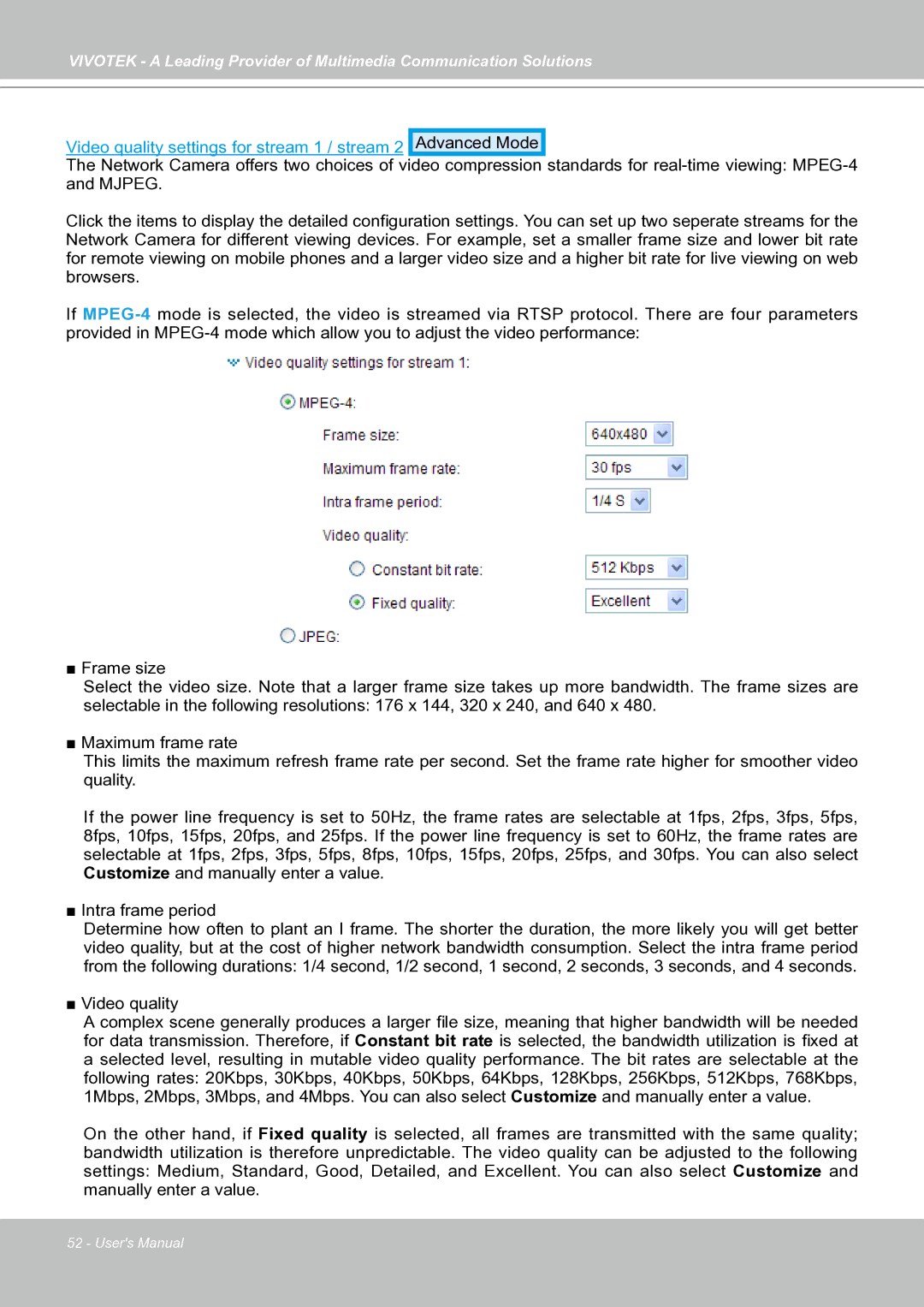 Vivotek IP7130 manual Video quality settings for stream 1 / stream 2 Advanced Mode 