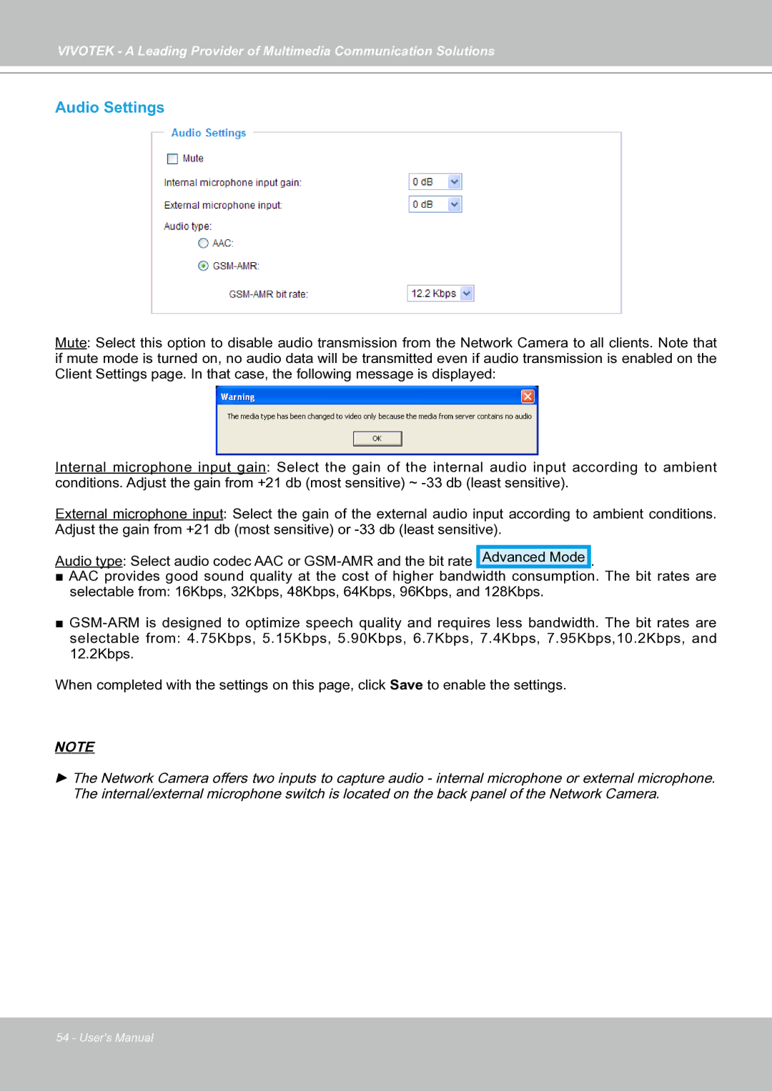 Vivotek IP7130 manual Audio Settings 