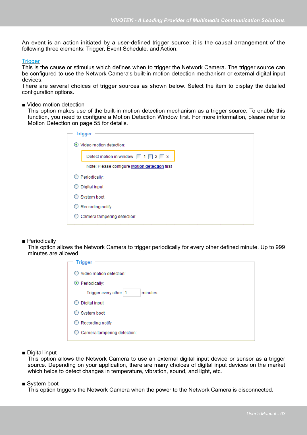 Vivotek IP7130 manual Trigger 