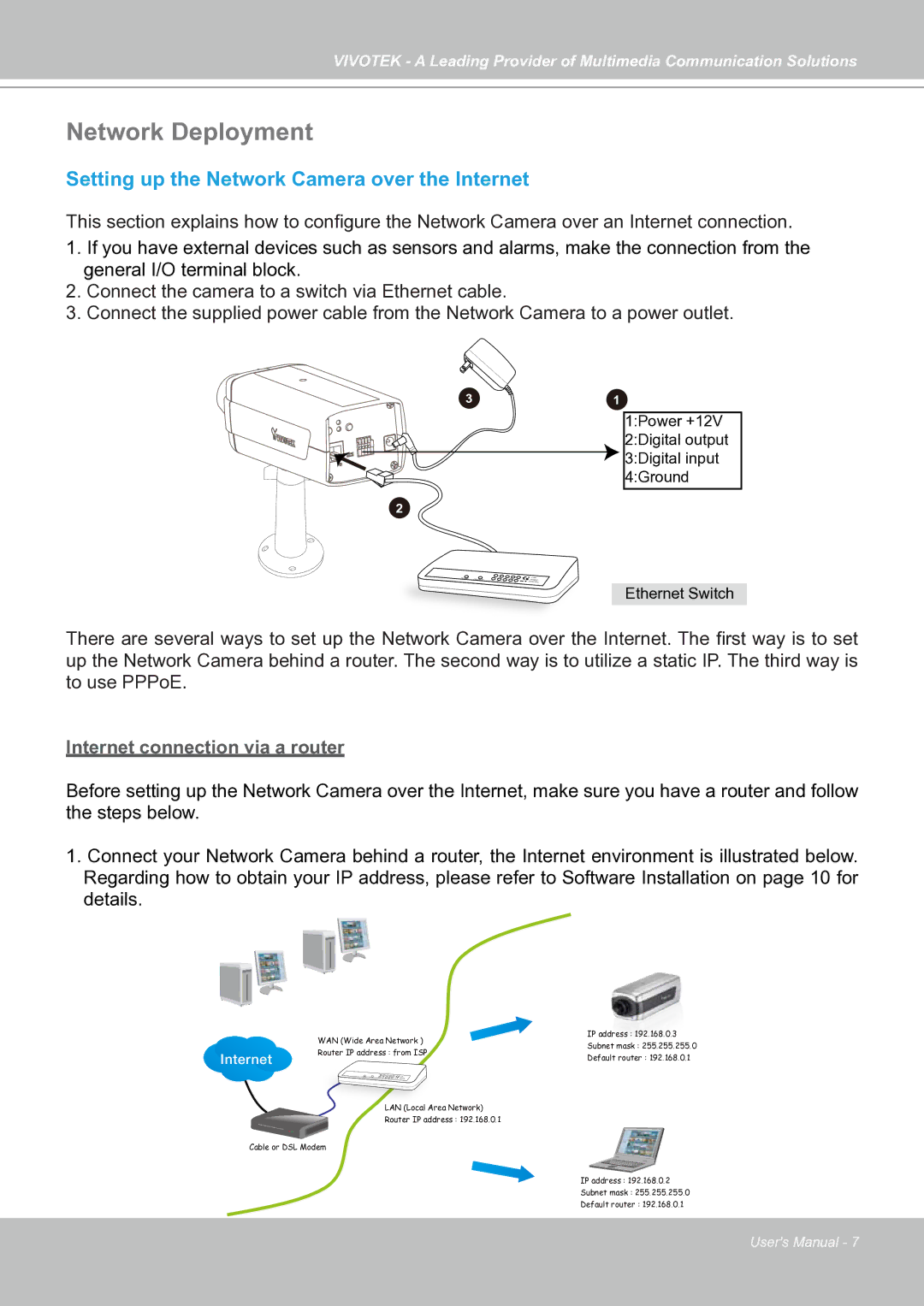 Vivotek IP7130 manual Network Deployment, Setting up the Network Camera over the Internet 