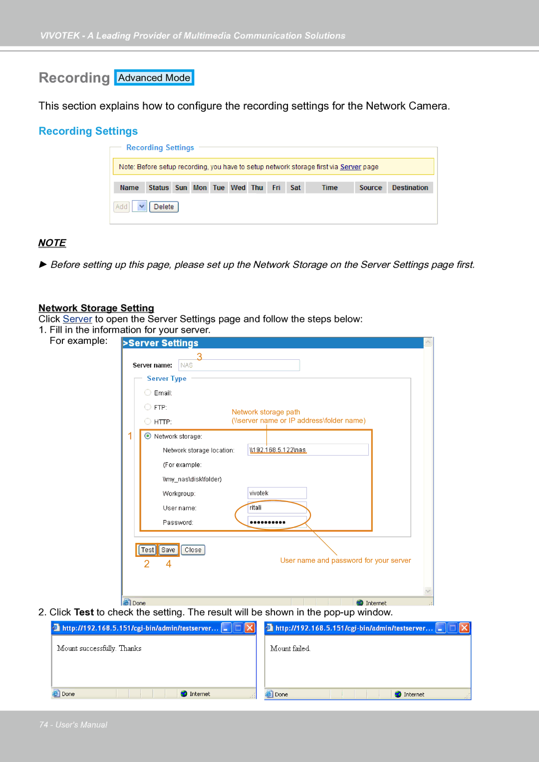 Vivotek IP7130 manual Recording Settings 