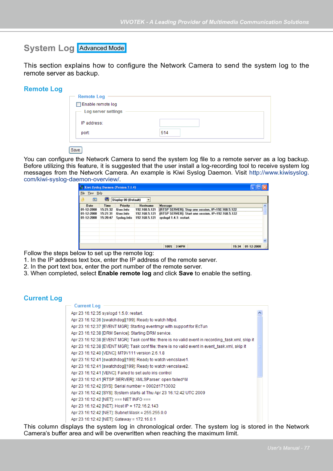 Vivotek IP7130 manual System Log, Remote Log, Current Log 