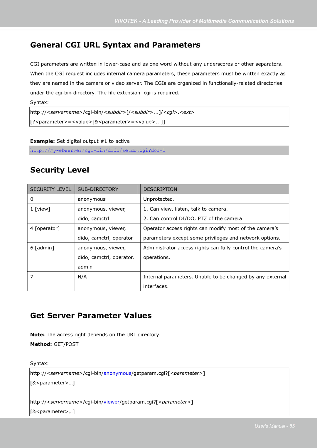 Vivotek IP7130 manual General CGI URL Syntax and Parameters, Security Level, Get Server Parameter Values 