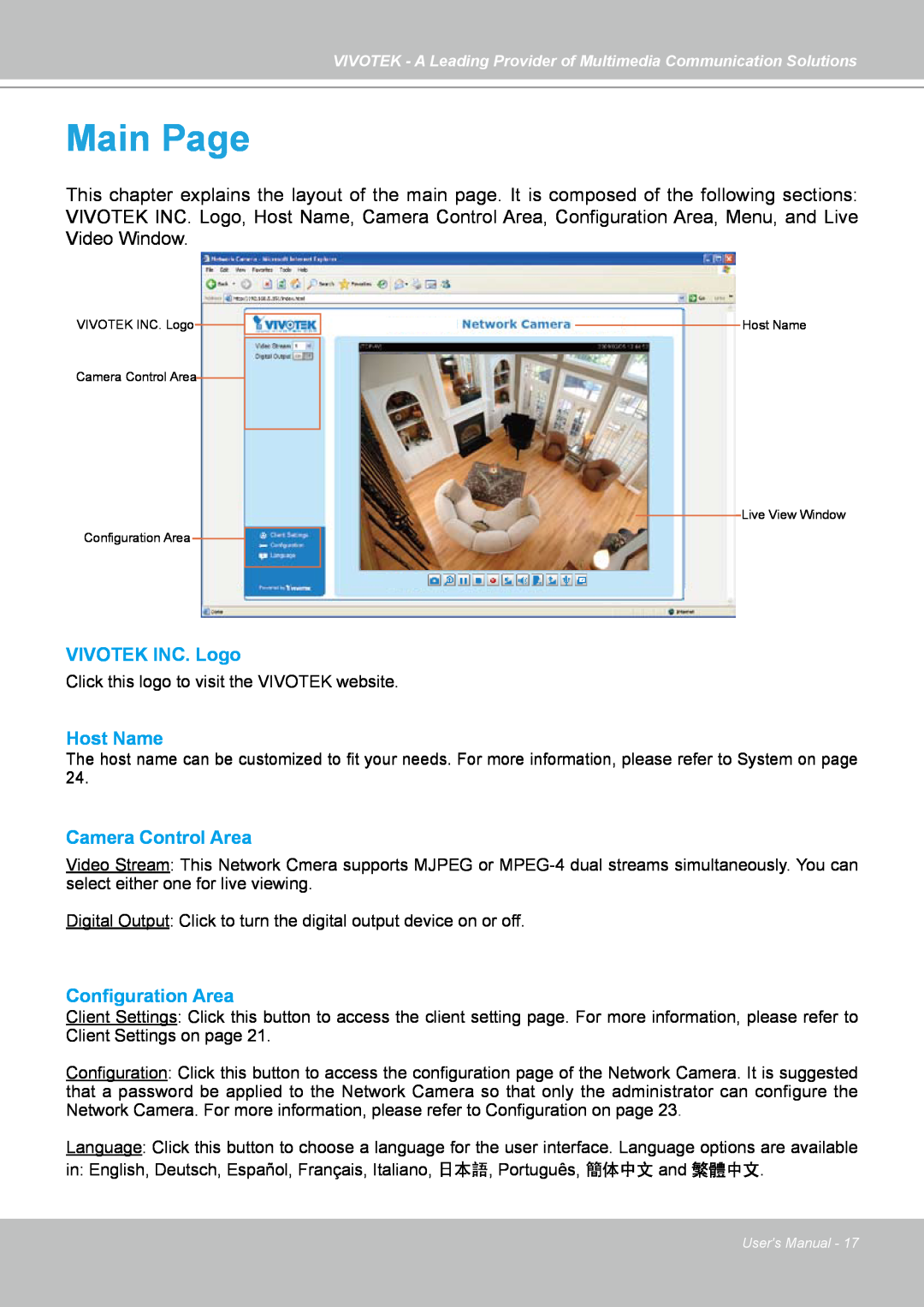 Vivotek IP7130 manual Main Page, VIVOTEK INC. Logo, Host Name, Camera Control Area, Configuration Area 