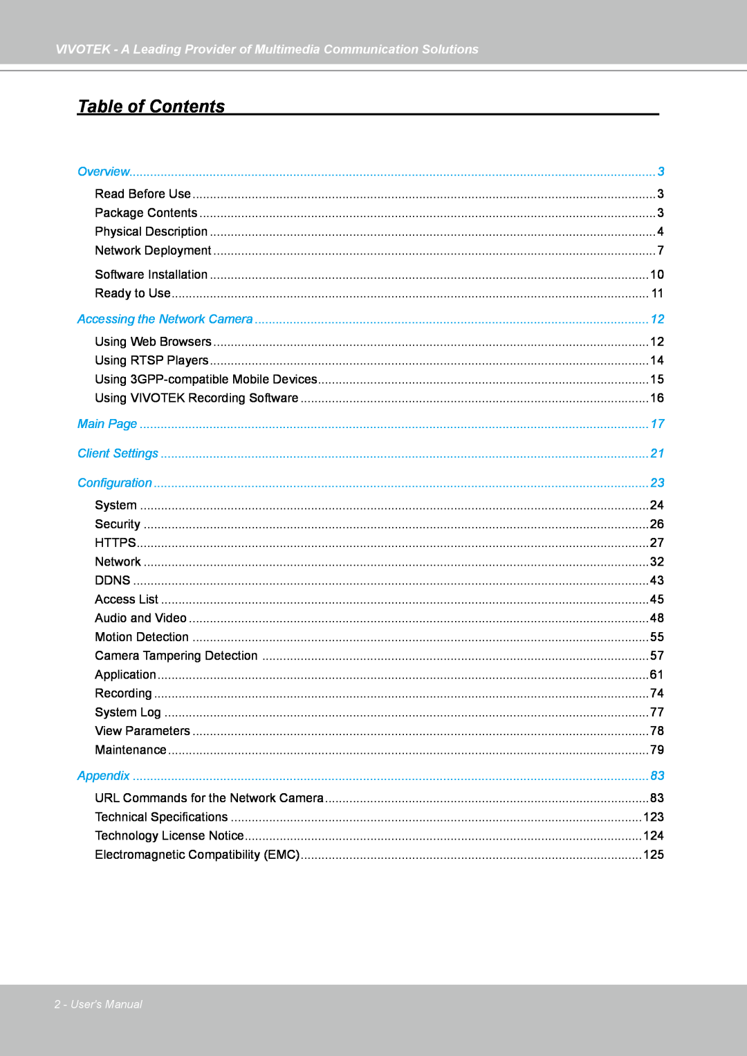 Vivotek IP7130 manual Table of Contents, VIVOTEK - A Leading Provider of Multimedia Communication Solutions, Users Manual 