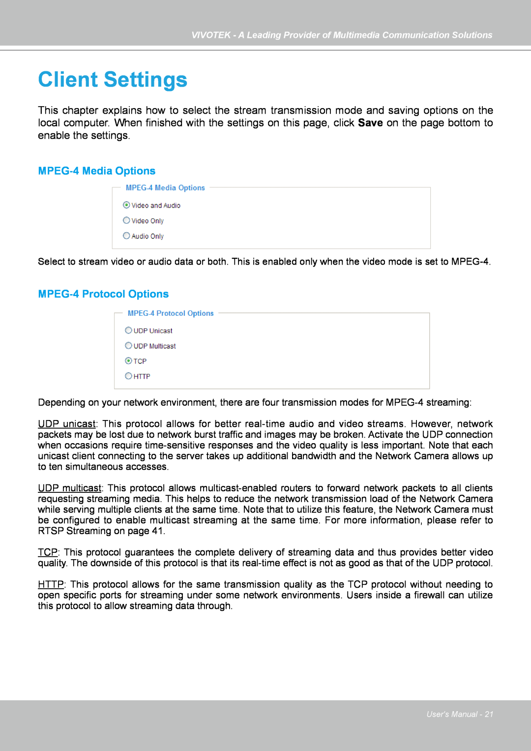 Vivotek IP7130 manual Client Settings, MPEG-4 Media Options, MPEG-4 Protocol Options 