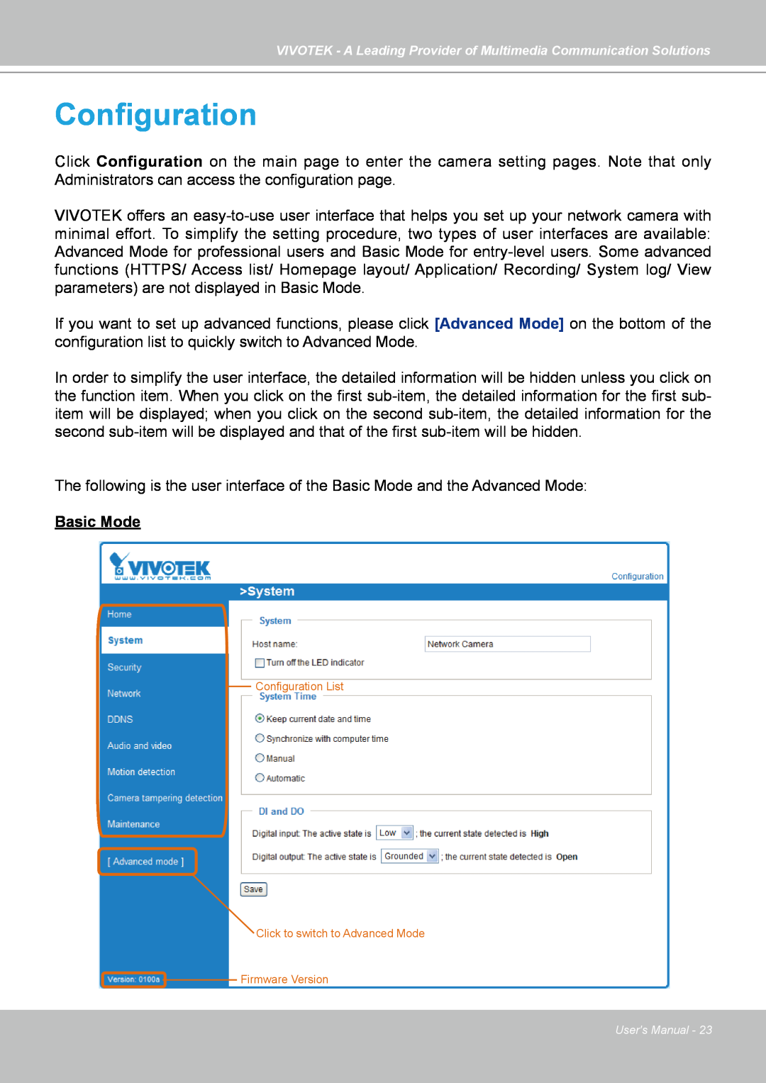 Vivotek IP7130 manual Configuration, Basic Mode 