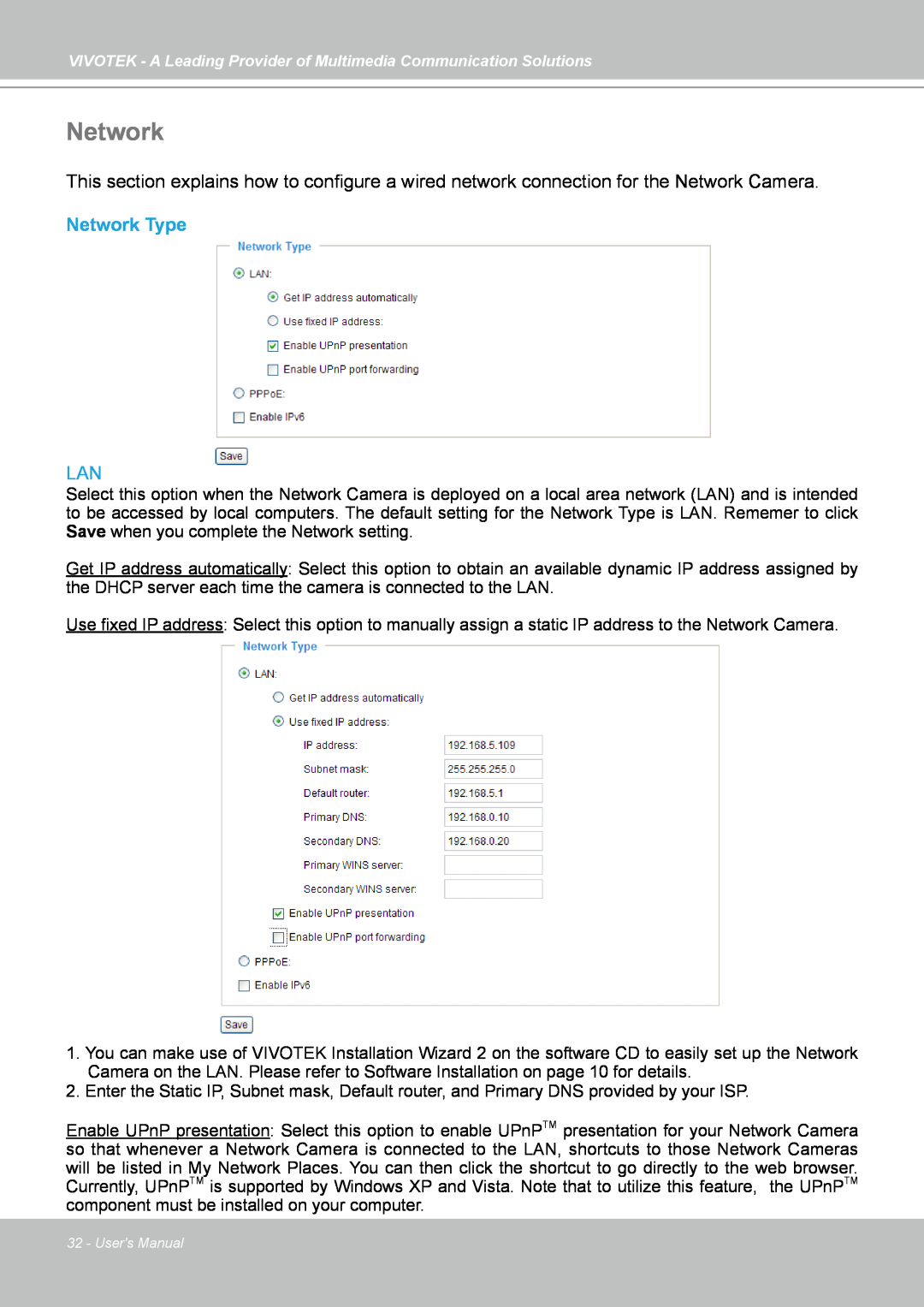 Vivotek IP7130 manual Network Type 