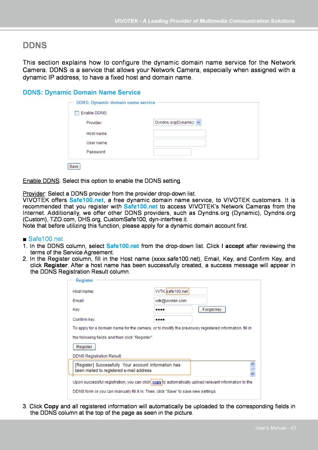 Vivotek IP7130 manual Ddns, DDNS Dynamic Domain Name Service, Safe100.net 
