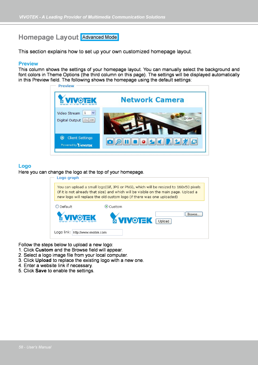 Vivotek IP7130 manual Homepage Layout, Preview, Logo 
