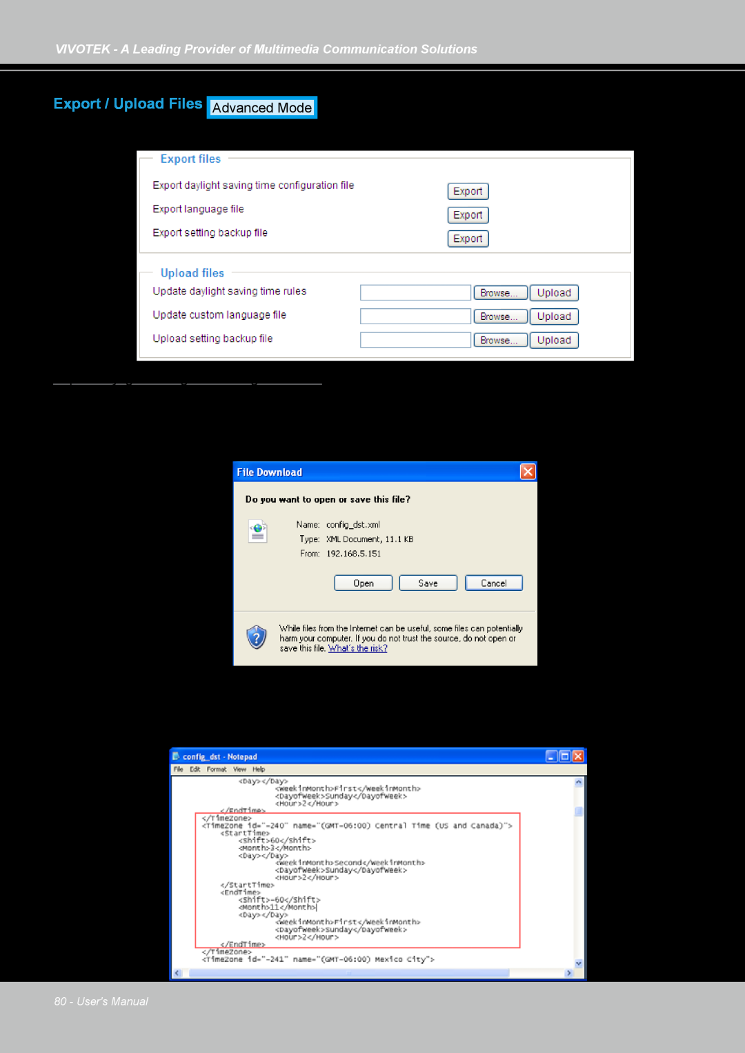 Vivotek IP7130 manual Export / Upload Files, Users Manual 