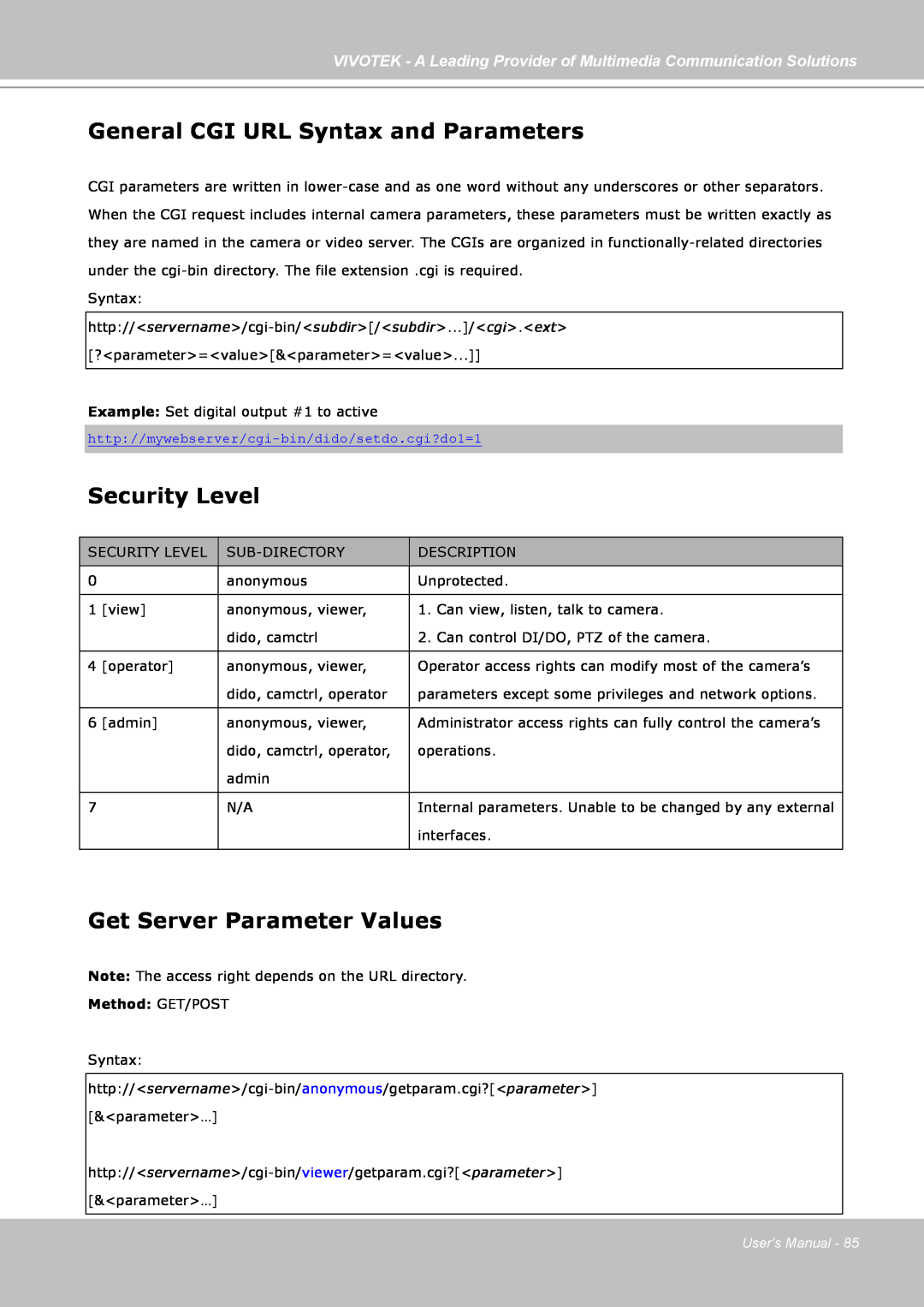 Vivotek IP7130 manual General CGI URL Syntax and Parameters, Security Level, Get Server Parameter Values, Method GET/POST 