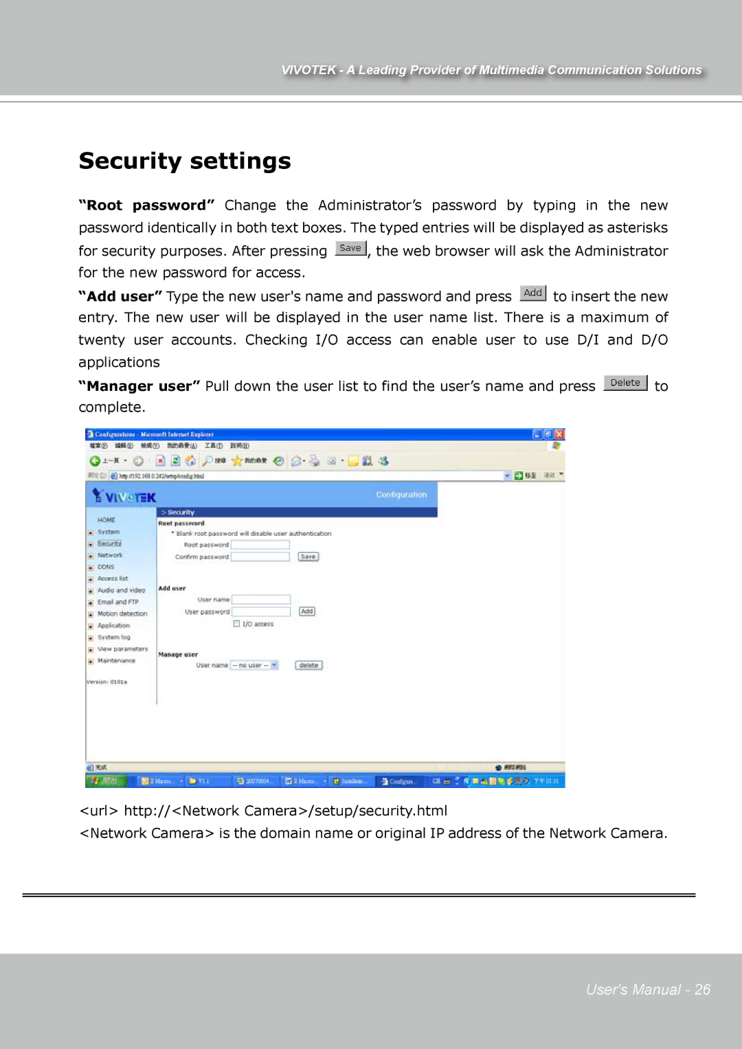 Vivotek IP7131 manual Security settings 