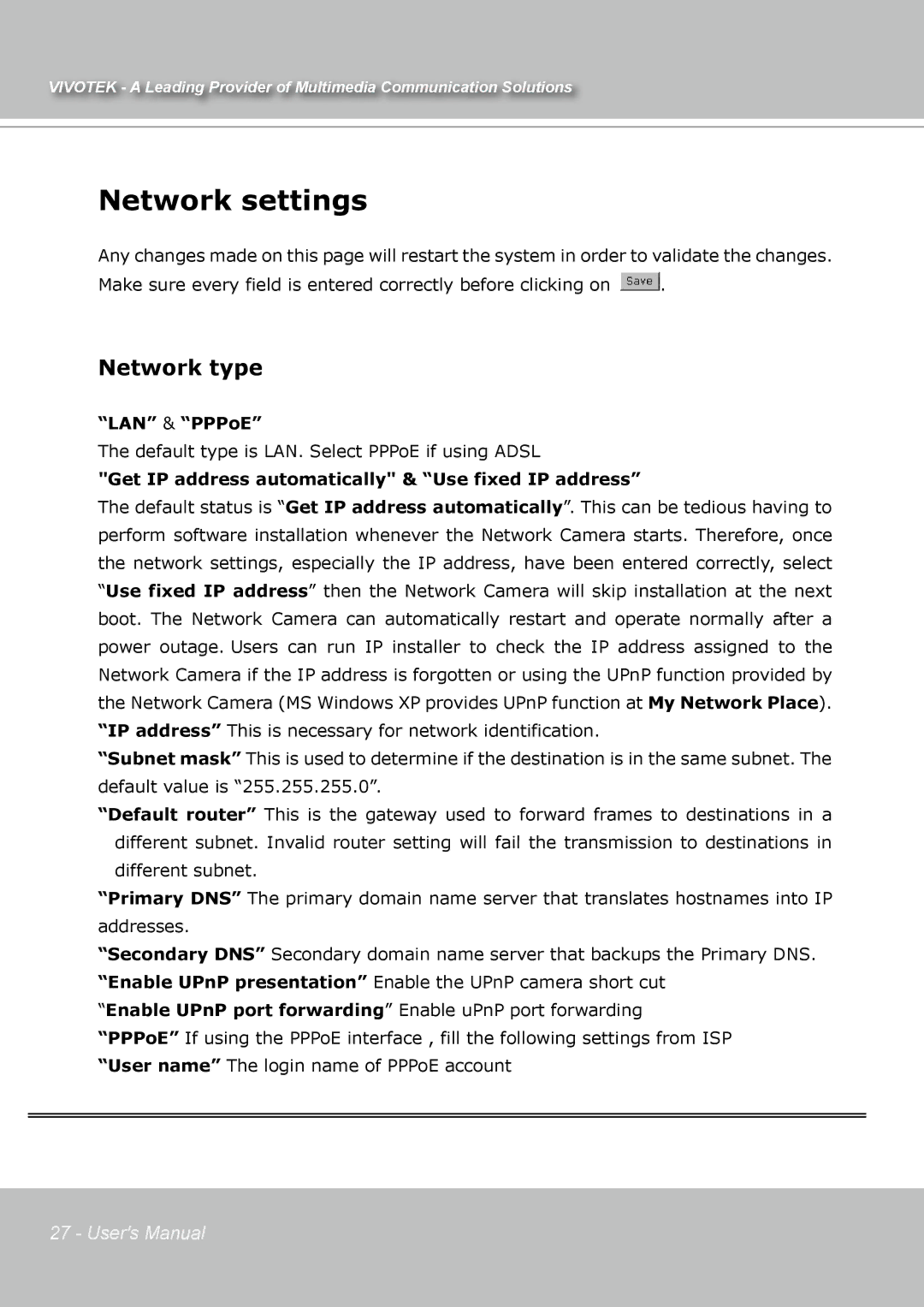 Vivotek IP7131 manual Network settings, Network type, LAN & PPPoE, Get IP address automatically & Use fixed IP address 