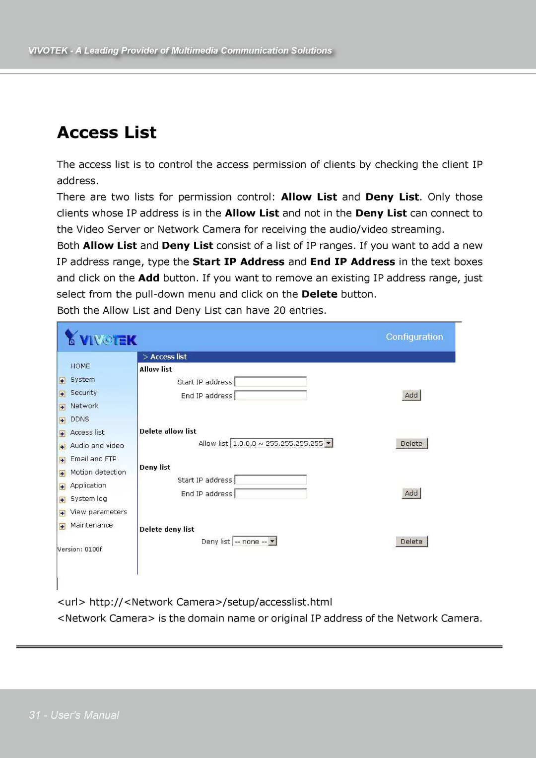 Vivotek IP7131 manual Access List 