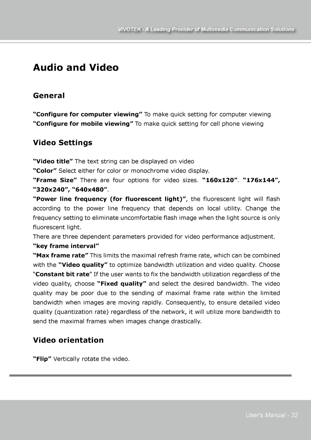 Vivotek IP7131 manual Audio and Video, General, Video Settings, Video orientation, Key frame interval 