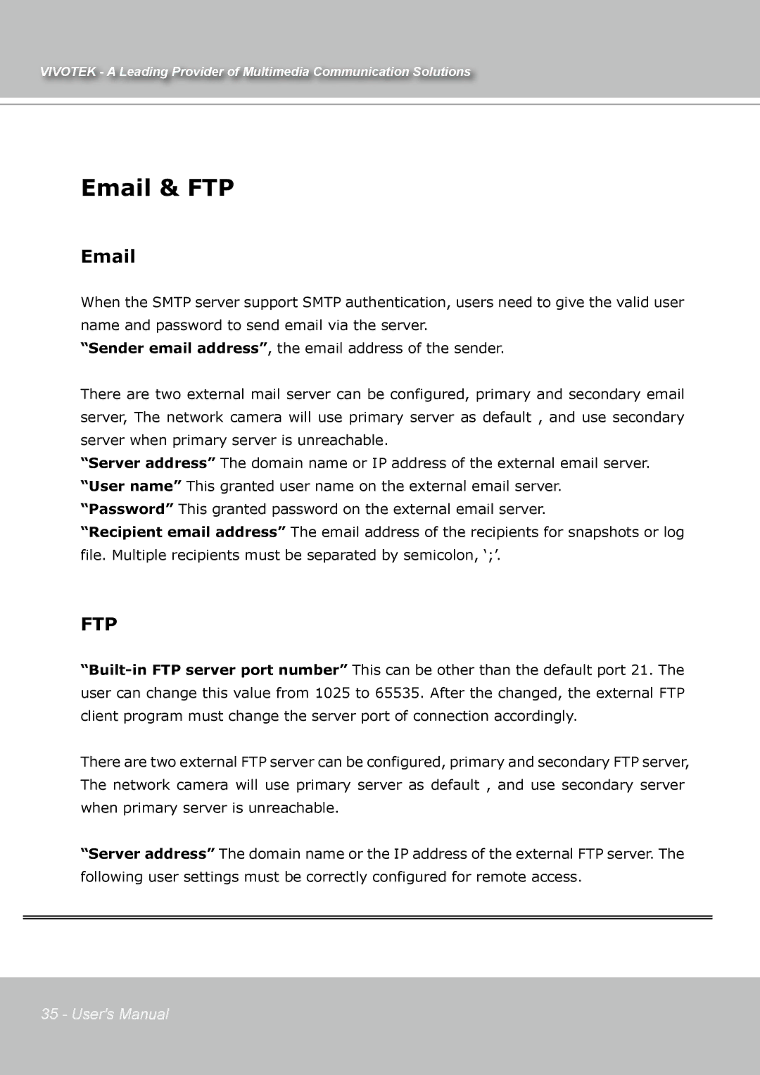 Vivotek IP7131 manual Email & FTP, Ftp 