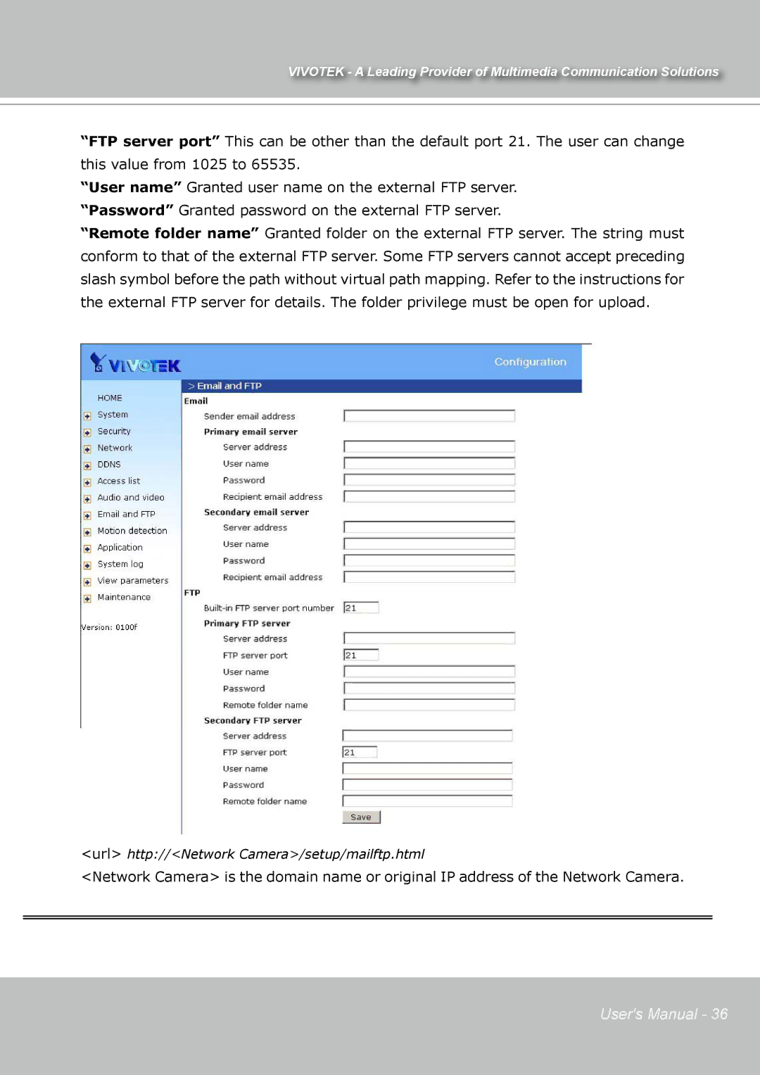 Vivotek IP7131 manual Url http//Network Camera/setup/mailftp.html 