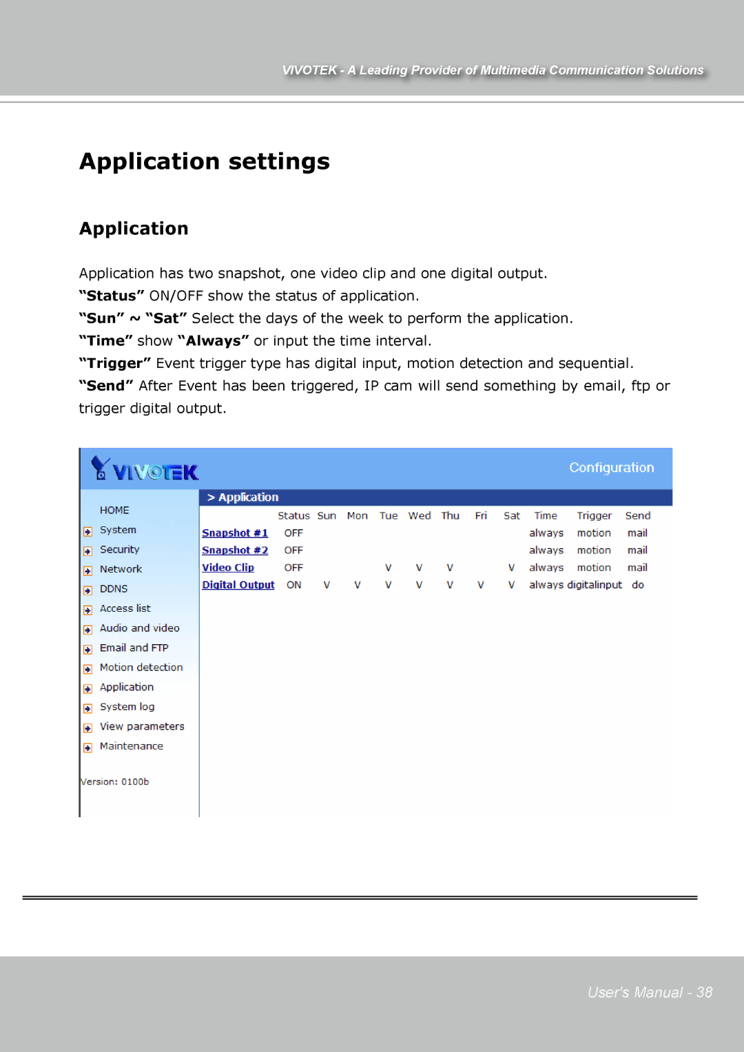 Vivotek IP7131 manual Application settings 