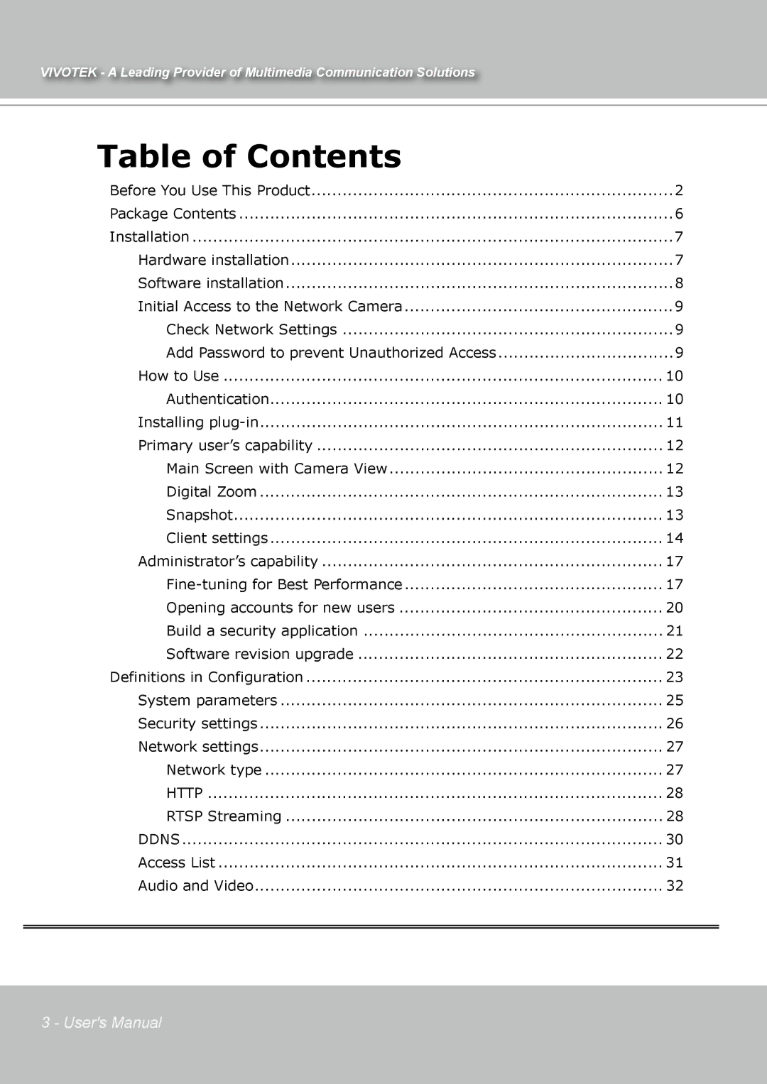 Vivotek IP7131 manual Table of Contents 