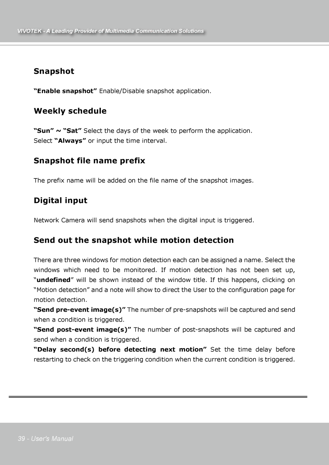 Vivotek IP7131 Weekly schedule, Snapshot file name prefix, Digital input, Send out the snapshot while motion detection 