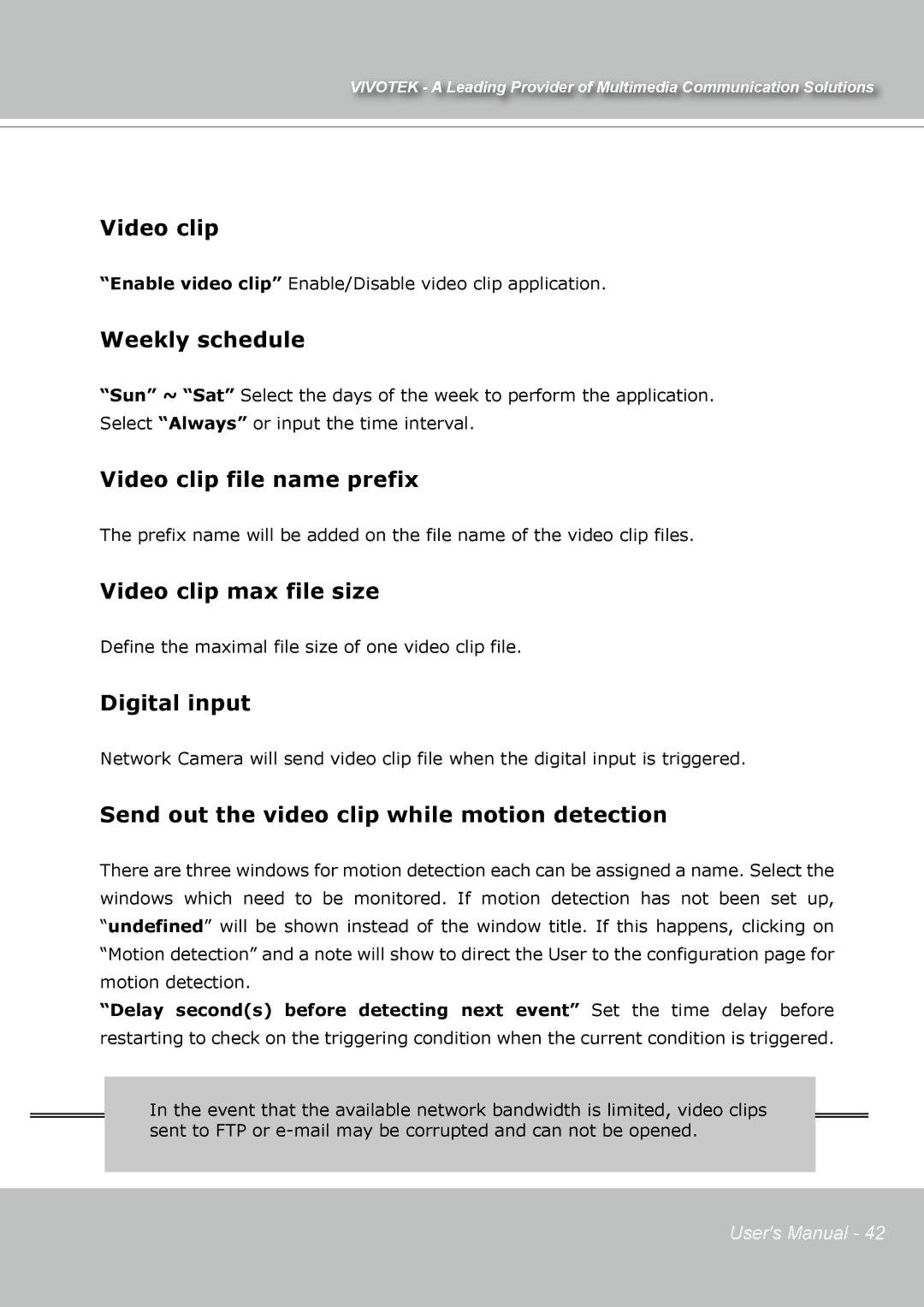 Vivotek IP7131 Video clip file name prefix, Video clip max file size, Send out the video clip while motion detection 