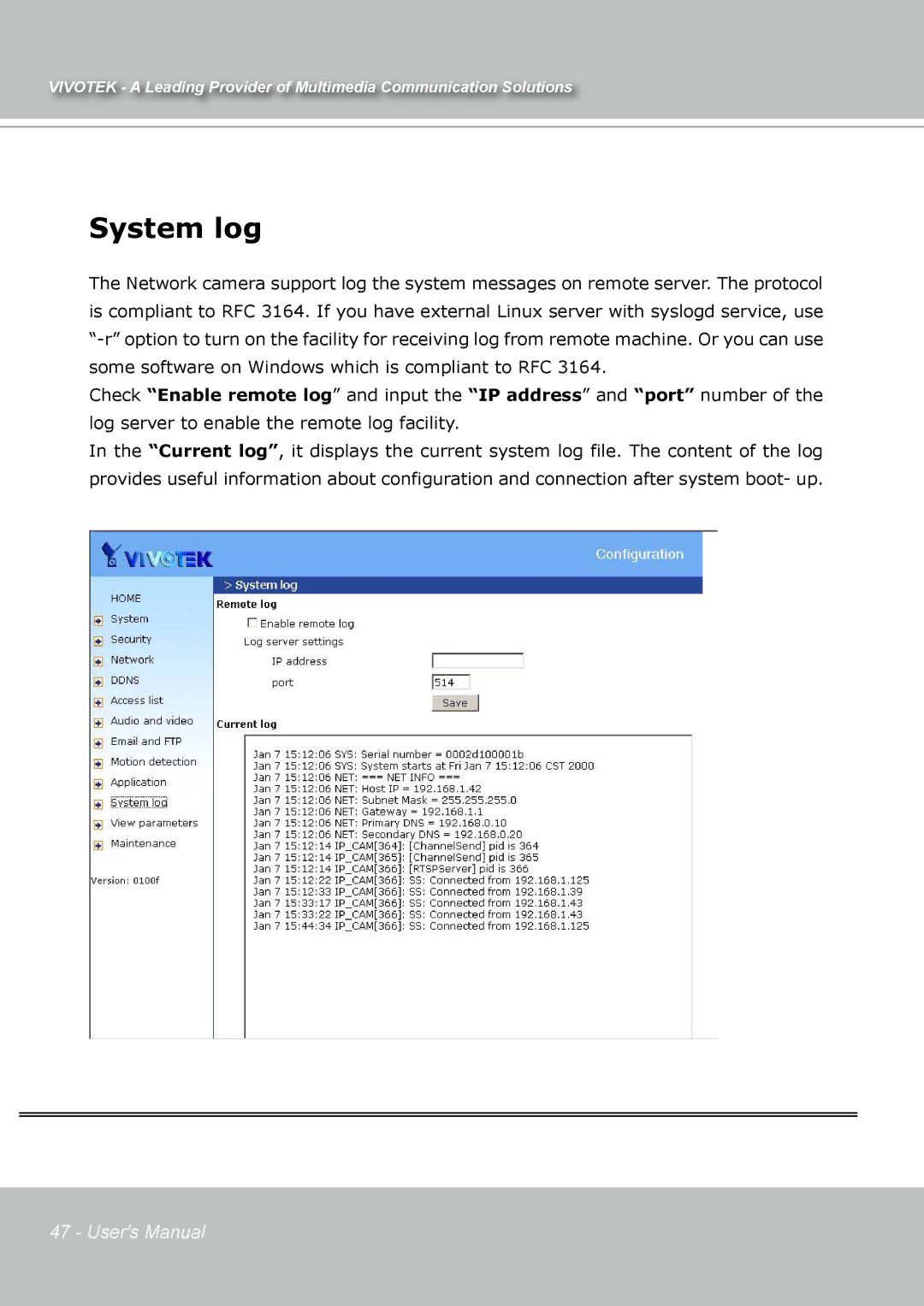 Vivotek IP7131 manual System log 