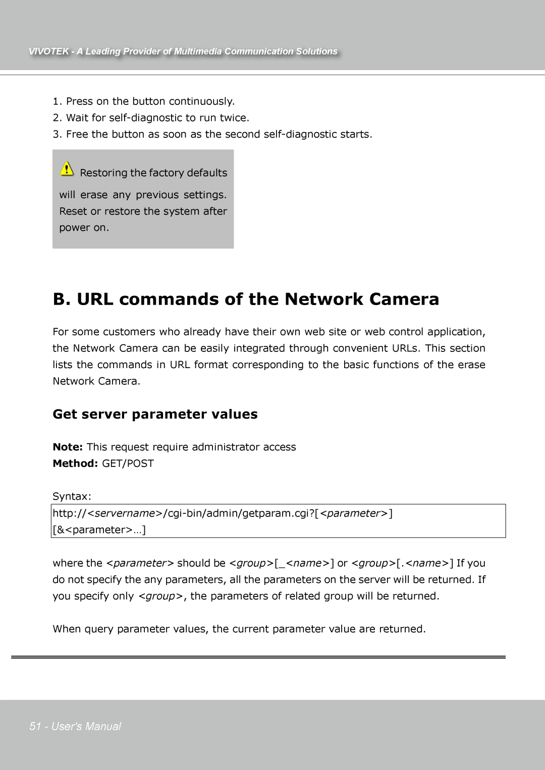 Vivotek IP7131 manual URL commands of the Network Camera, Get server parameter values, Method GET/POST 