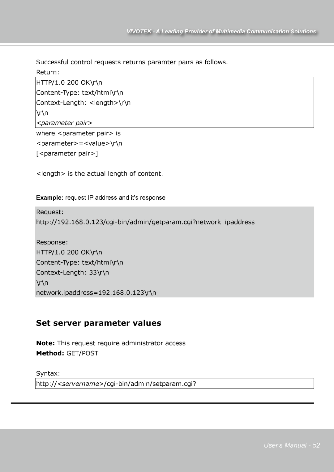 Vivotek IP7131 manual Set server parameter values, Parameter pair 