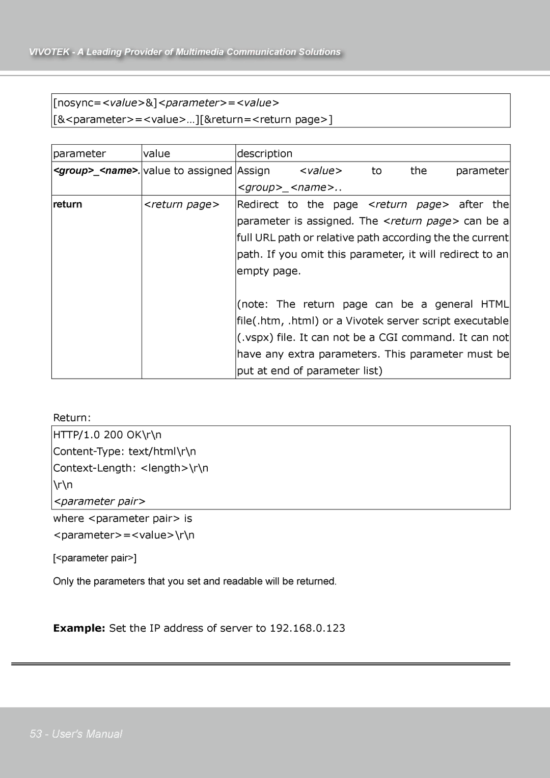 Vivotek IP7131 manual Return 