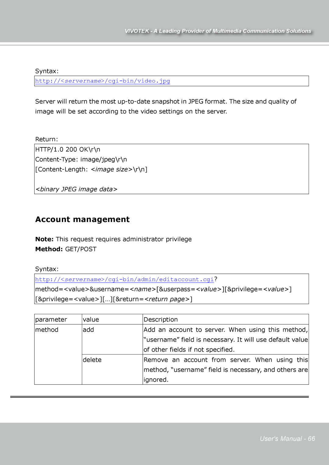 Vivotek IP7131 manual Account management 