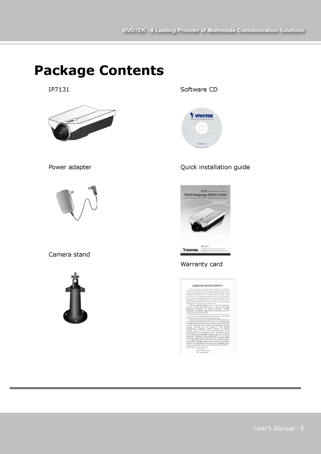 Vivotek IP7131 manual Package Contents 