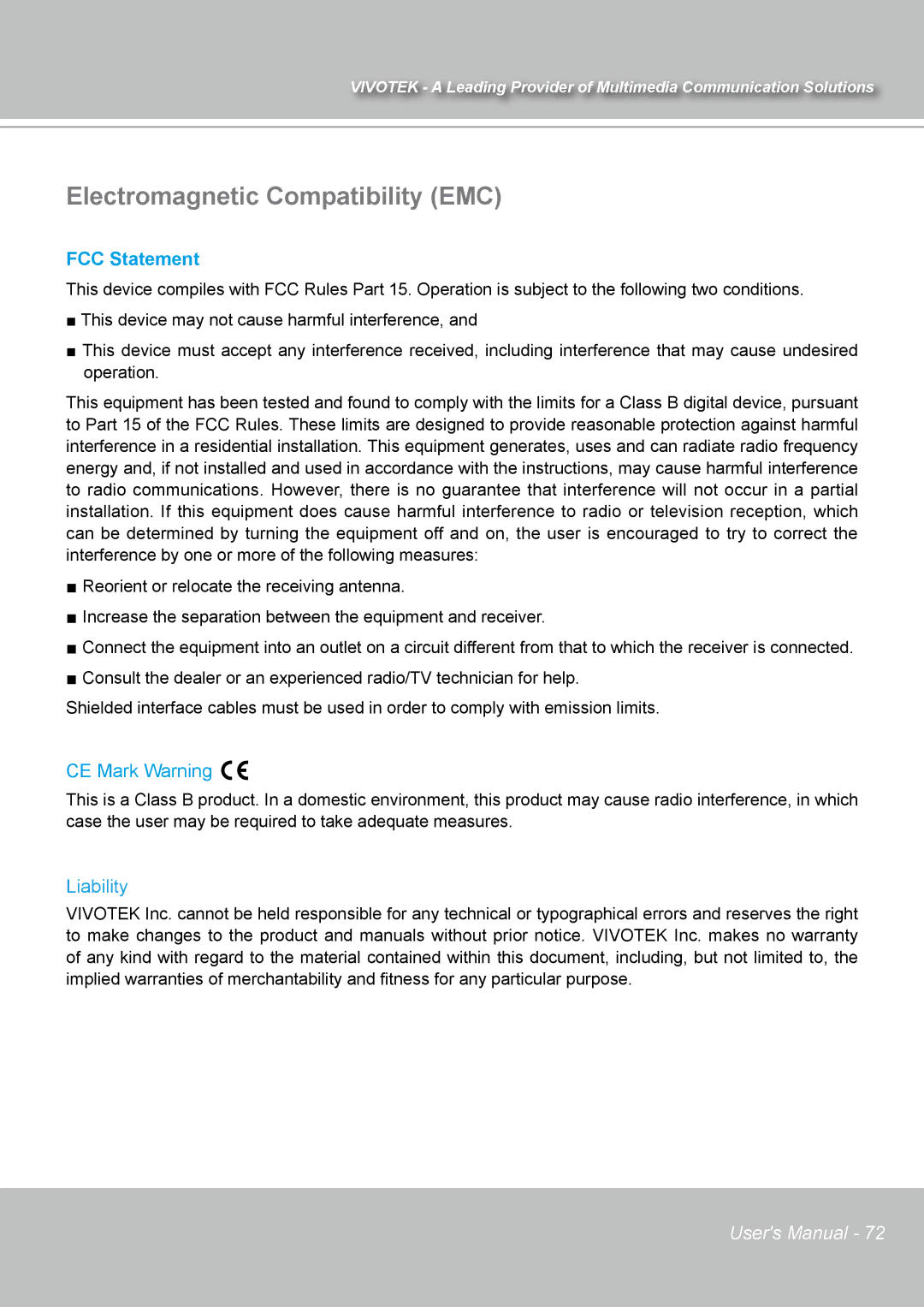 Vivotek IP7131 manual Electromagnetic Compatibility EMC 