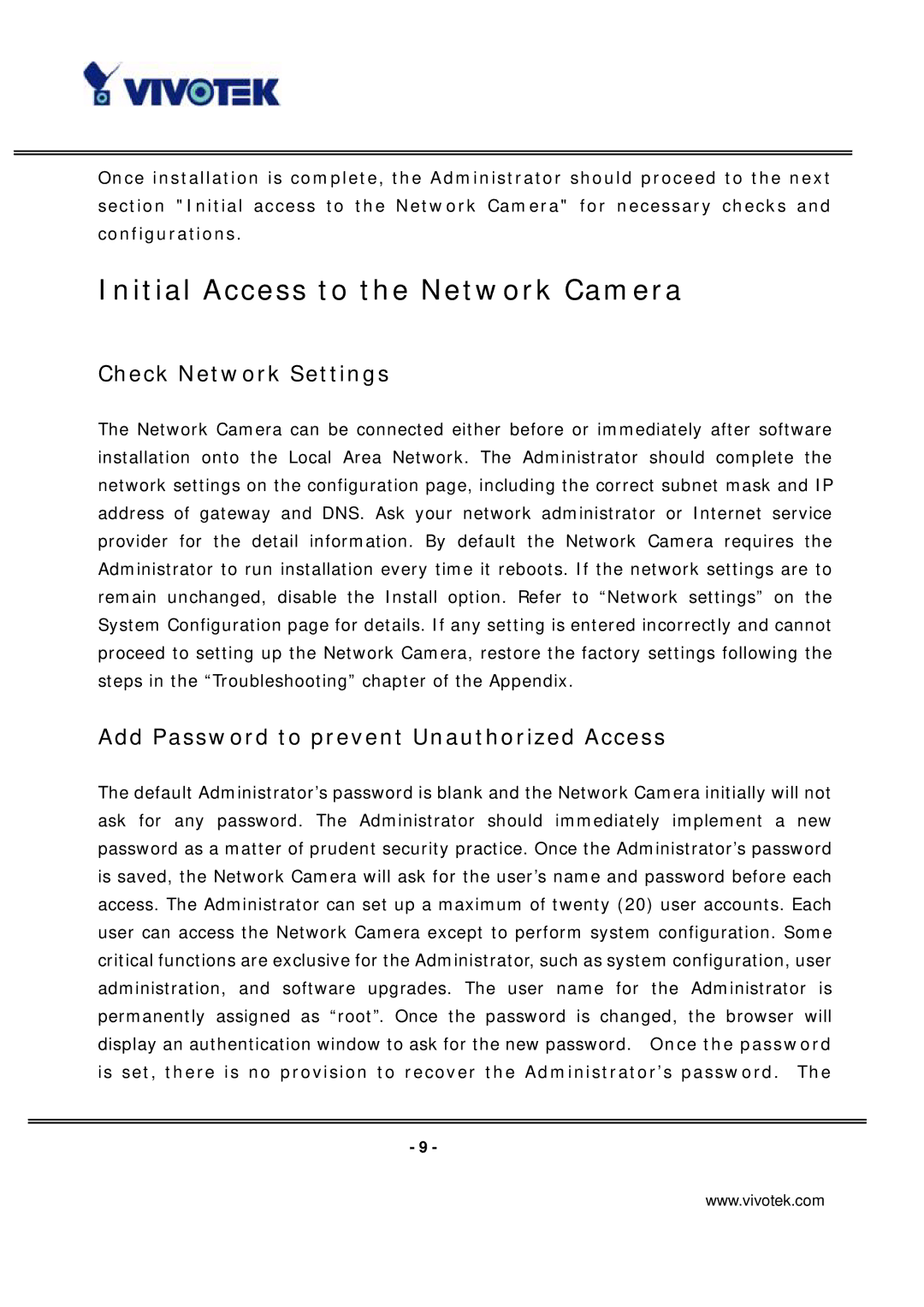 Vivotek IP7131 Initial Access to the Network Camera, Check Network Settings, Add Password to prevent Unauthorized Access 