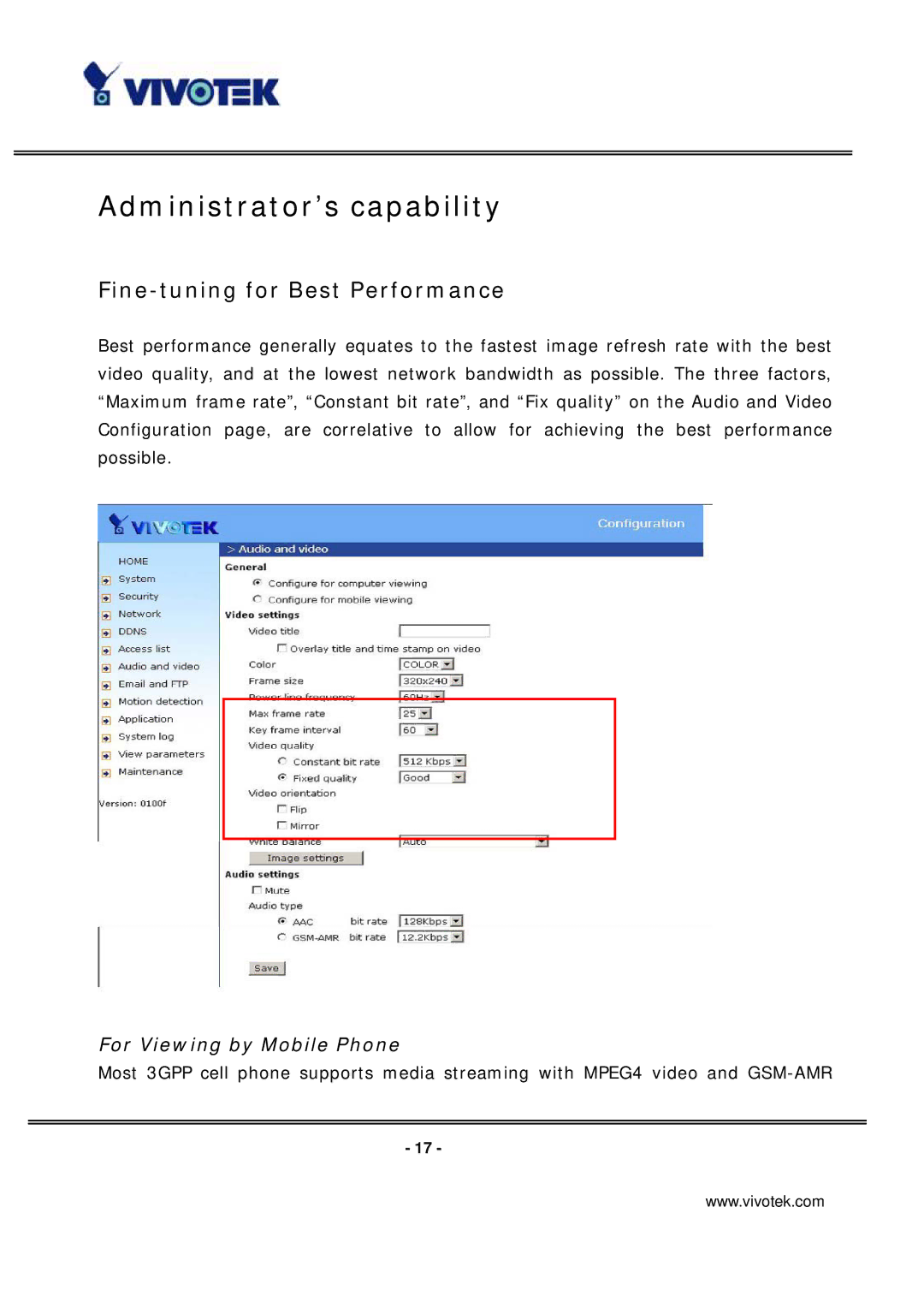 Vivotek IP7131 manual Administrator’s capability, Fine-tuning for Best Performance 