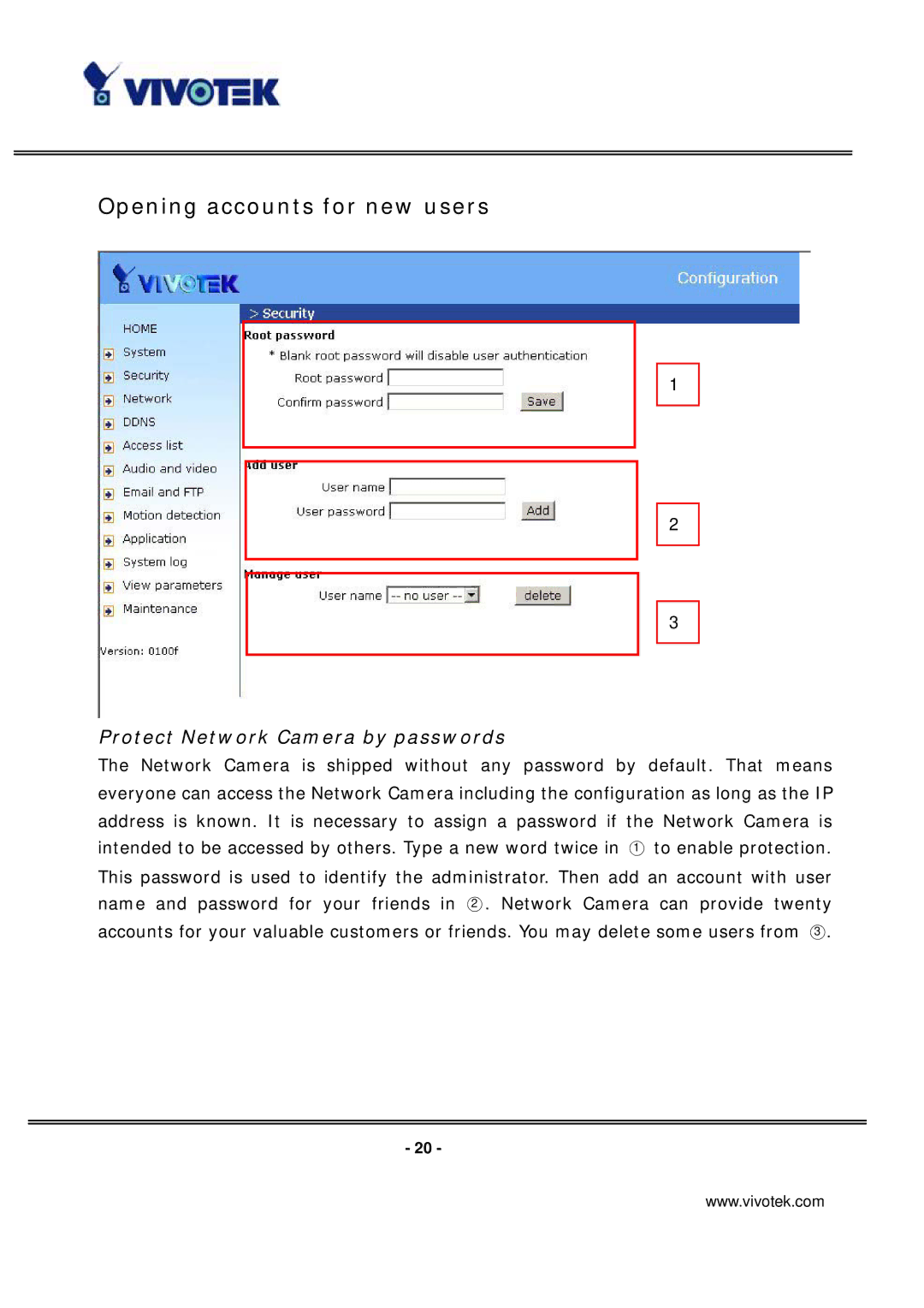 Vivotek IP7131 manual Opening accounts for new users, Protect Network Camera by passwords 