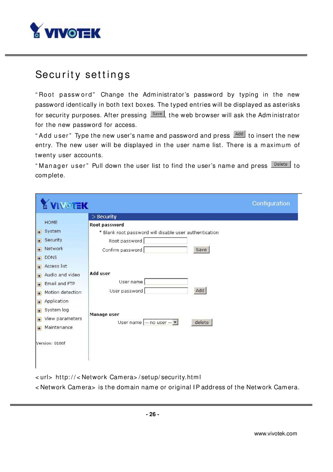 Vivotek IP7131 manual Security settings 