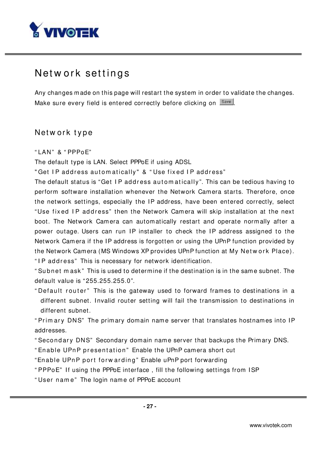 Vivotek IP7131 manual Network settings, Network type, LAN & PPPoE, Get IP address automatically & Use fixed IP address 