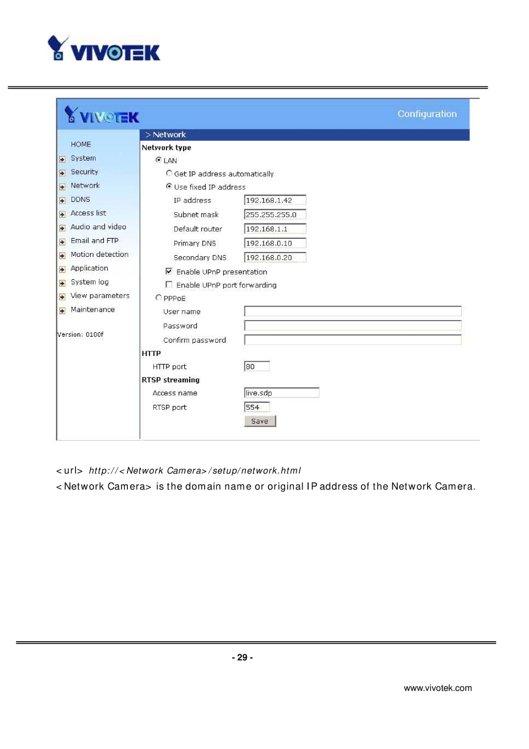 Vivotek IP7131 manual Url http//Network Camera/setup/network.html 
