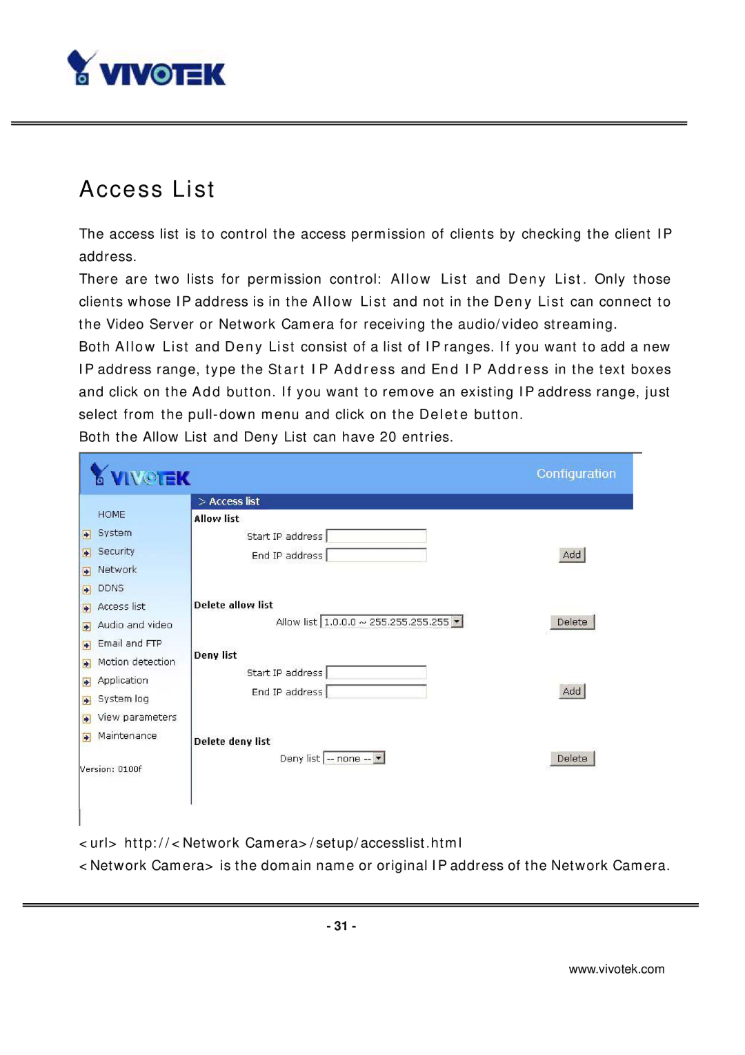 Vivotek IP7131 manual Access List 