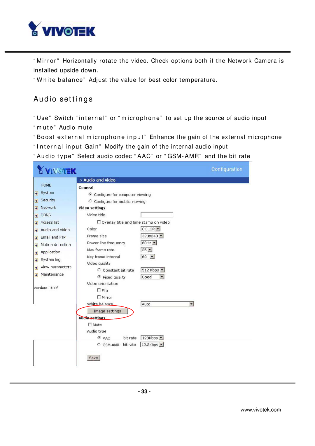 Vivotek IP7131 manual Audio settings 