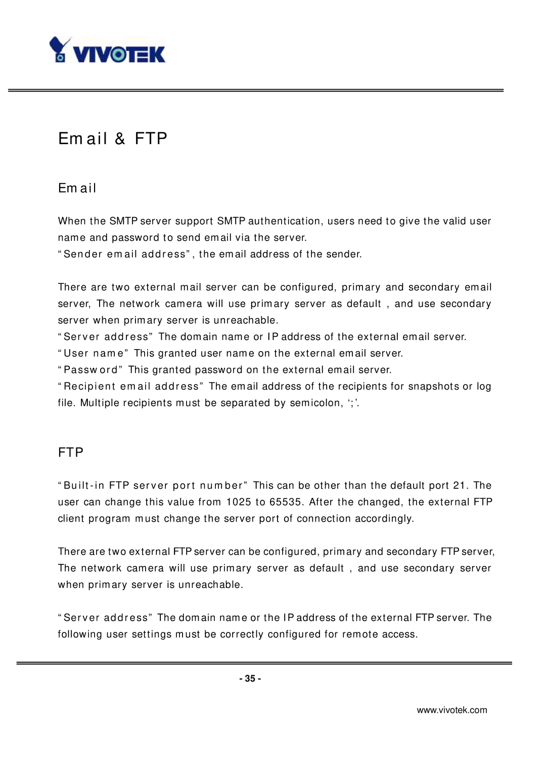 Vivotek IP7131 manual Email & FTP, Ftp 