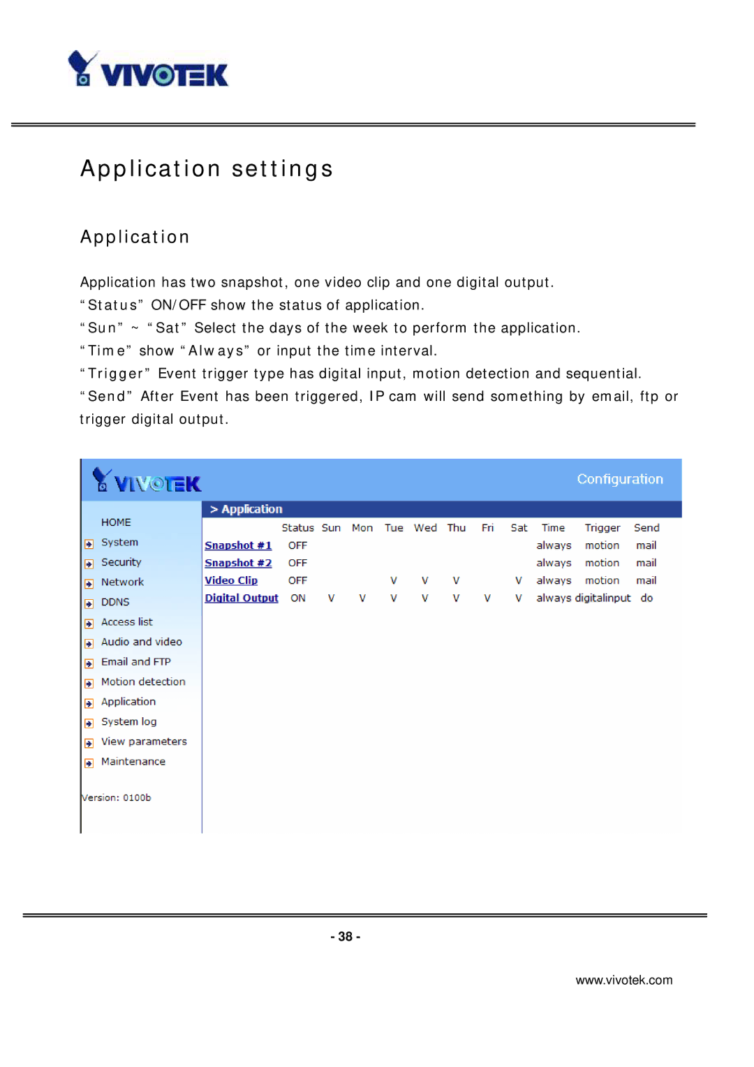 Vivotek IP7131 manual Application settings 