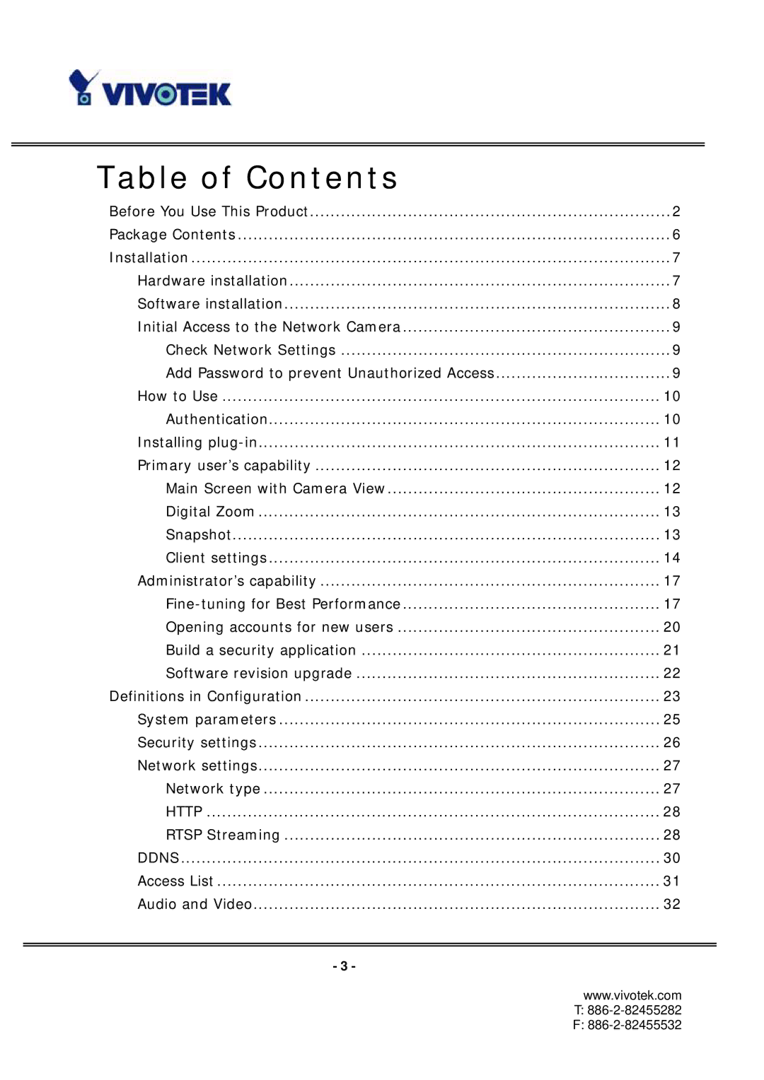 Vivotek IP7131 manual Table of Contents 