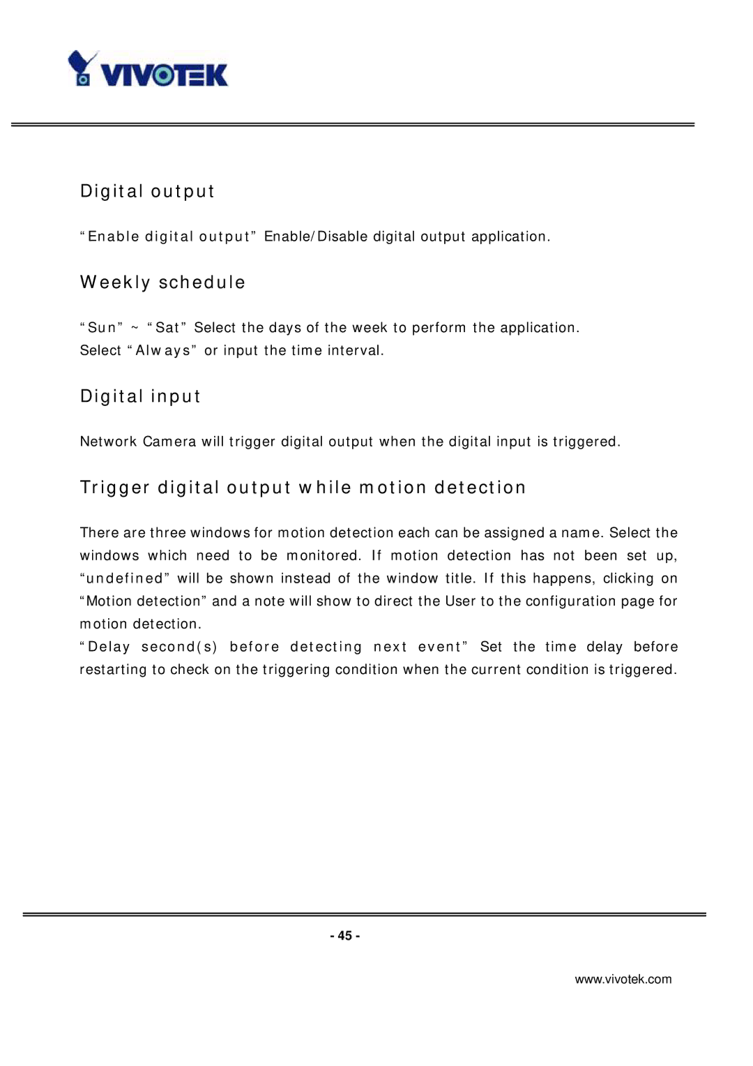 Vivotek IP7131 manual Digital output, Trigger digital output while motion detection 